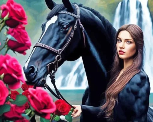 Black Horse With Roses Diamond Painting
