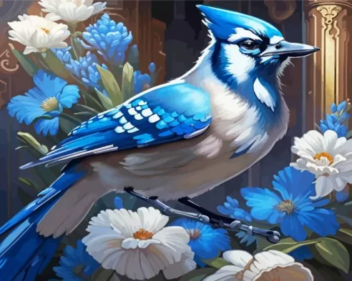 Blue Jay And Flowers Diamond Painting