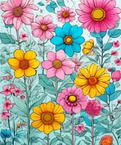 Blue Pink And Yellow Flowers Diamond Painting