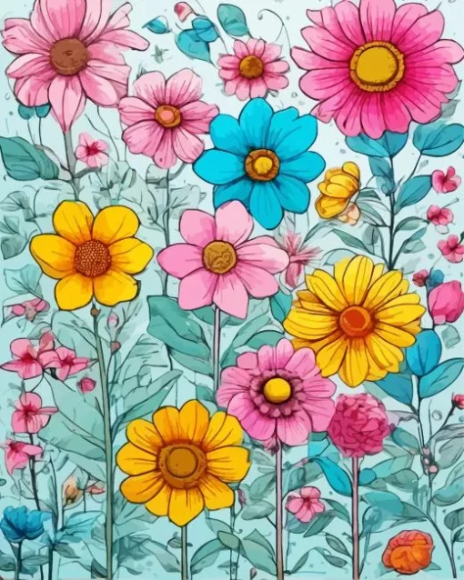 Blue Pink And Yellow Flowers Diamond Painting