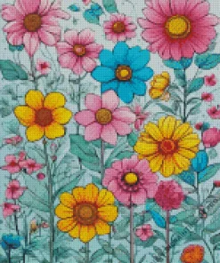 Blue Pink And Yellow Flowers Diamond Painting