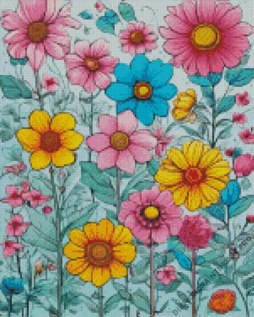 Blue Pink And Yellow Flowers Diamond Painting