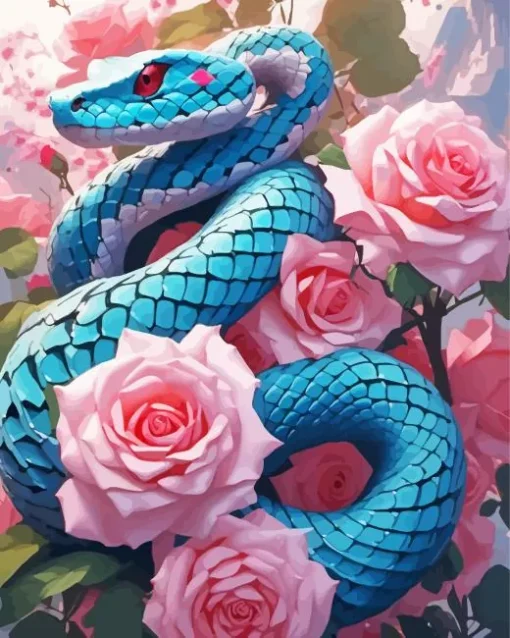 Blue Pit Viper And Roses Diamond Painting