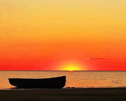 Boat Silhouette At Sunset Diamond Painting