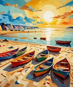 Boats On Beach Art Diamond Painting