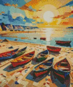 Boats On Beach Art Diamond Painting