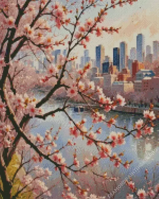 Boston City Cherry Blossom Diamond Painting