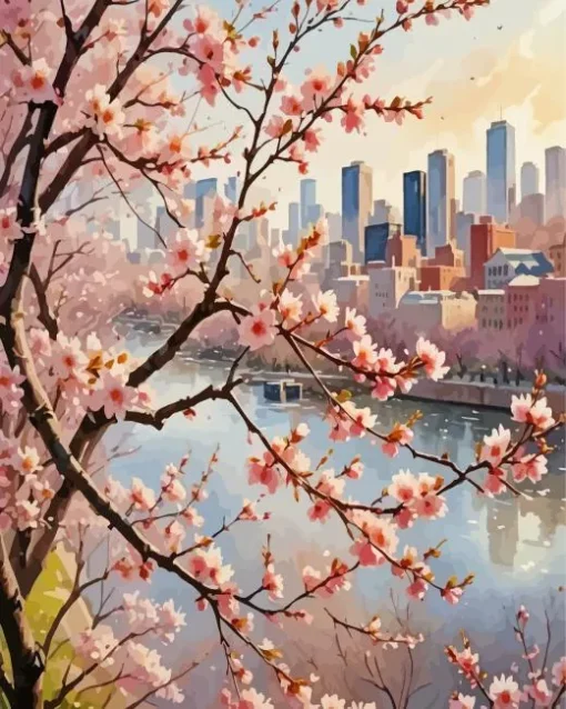 Boston City Cherry Blossom Diamond Painting
