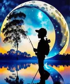 Boy Fishing Silhouette Diamond Painting