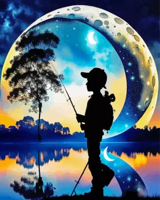 Boy Fishing Silhouette Diamond Painting
