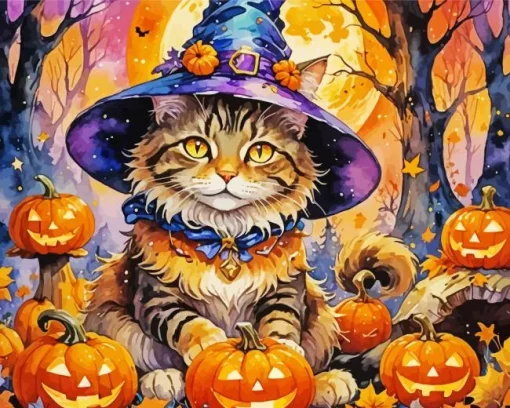 Cat Witch And Pumpkins Diamond Painting