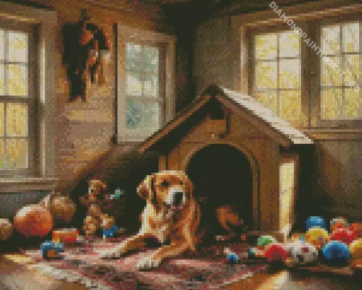 Dog And Wooden House Diamond Painting