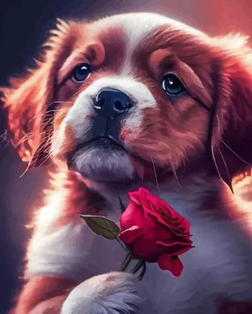 Dog Holding A Rose Diamond Painting