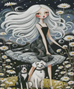 Dogs And Girl Folk Art Diamond Painting