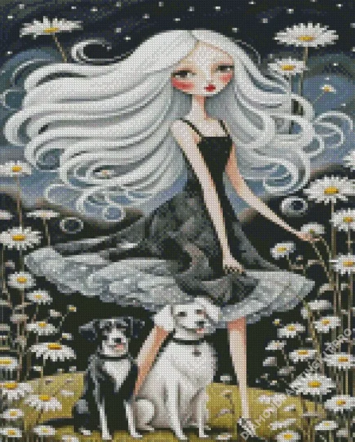 Dogs And Girl Folk Art Diamond Painting