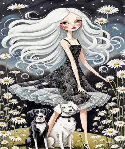 Dogs And Girl Folk Art Diamond Painting