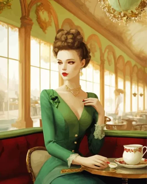 Elegant Woman Drinking Coffee Diamond Painting