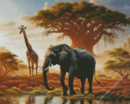 Black Elephant And Giraffe Diamond Painting