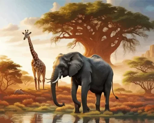 Black Elephant And Giraffe Diamond Painting