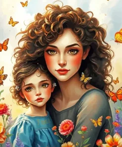 Mother And Child And Butterflies Diamond Painting