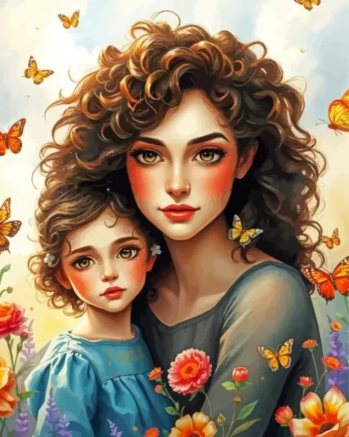 Mother And Child And Butterflies Diamond Painting