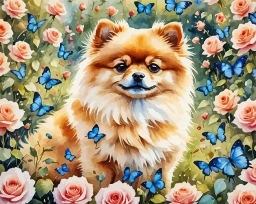 Pomeranian And Butterflies Diamond Painting