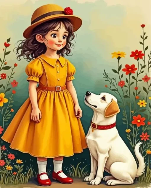 White Dog With Girl Diamond Painting