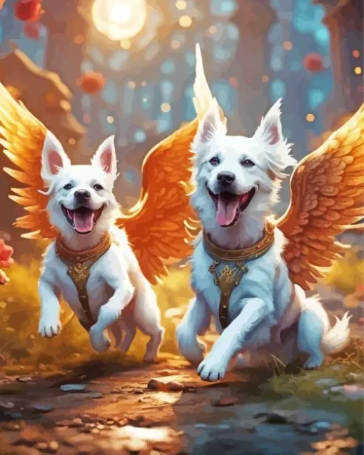 White Dogs Angel Diamond Painting