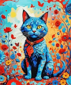 Blue Cat And Flowers Diamond Painting