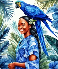 Girl And Blue Parrot Diamond Painting