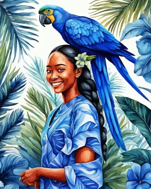 Girl And Blue Parrot Diamond Painting