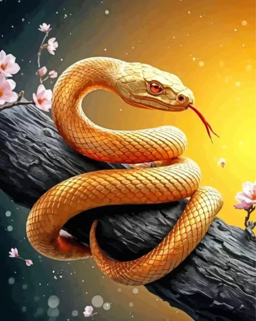 Golden Snake On Branch Diamond Painting