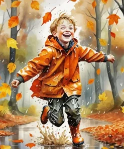 Boy Jumping In Puddle Under Rain Diamond Painting