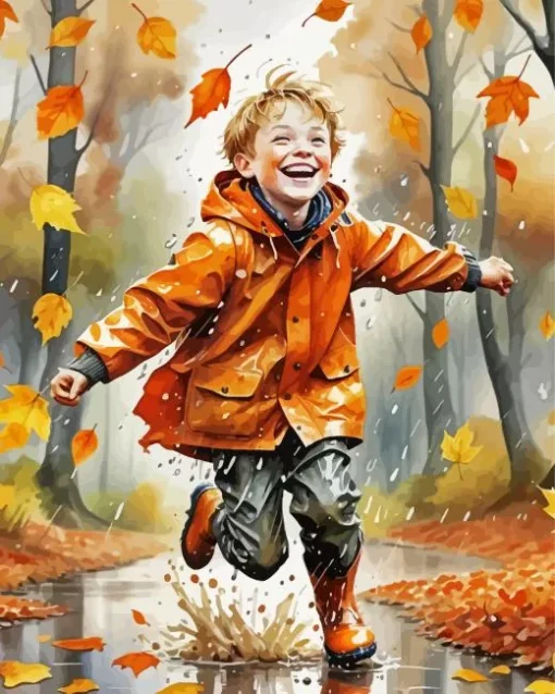 Boy Jumping In Puddle Under Rain Diamond Painting