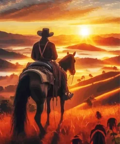 Cowboy Riding Into Sunset Diamond Painting