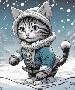 Fluffy Tabby Kitten In Snow Diamond Painting