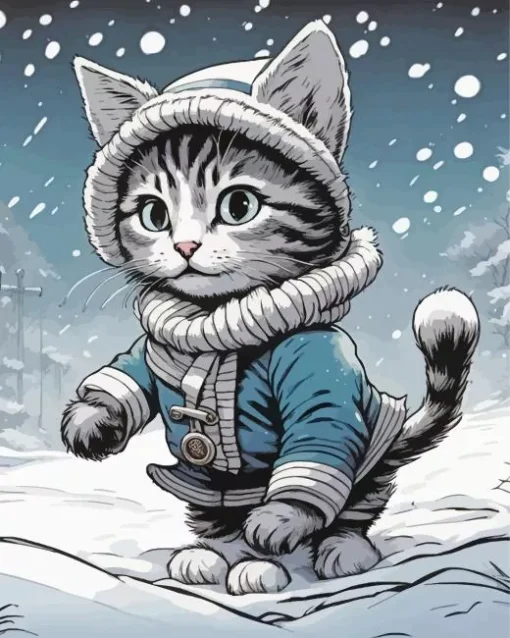 Fluffy Tabby Kitten In Snow Diamond Painting