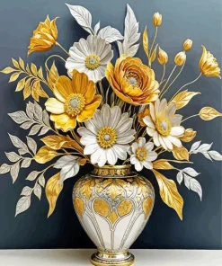 Golden White Flowers In Vase Diamond Painting
