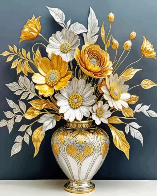 Golden White Flowers In Vase Diamond Painting