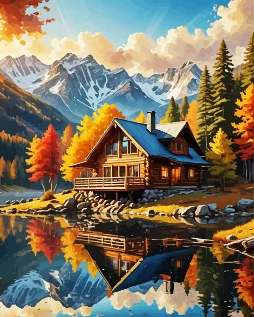 forest log cabin Diamond With Numbers Forest Log Cabin Diamond Painting