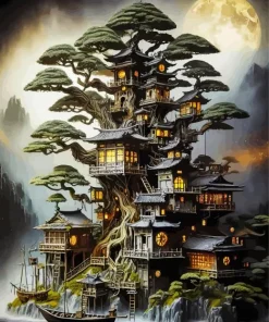 Forest Mystical Tree House Diamond Painting