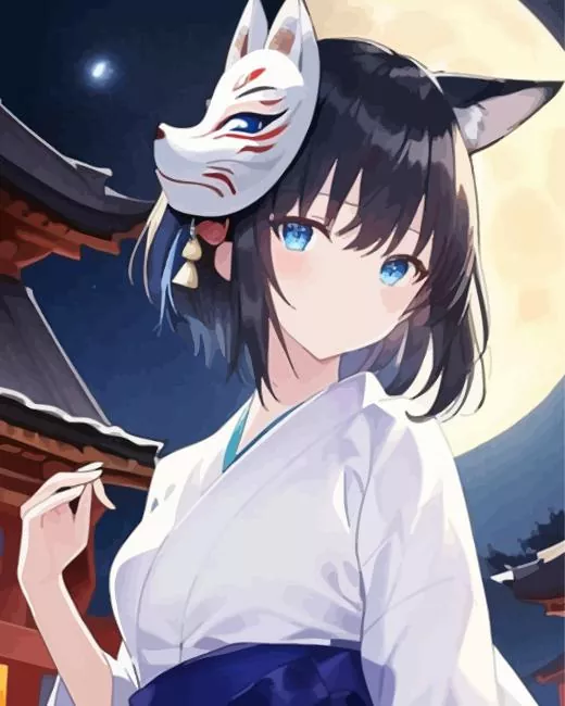 fox mask anime girl art Dimaond With Numbers Fox Mask Anime Girl Art Diamond Painting