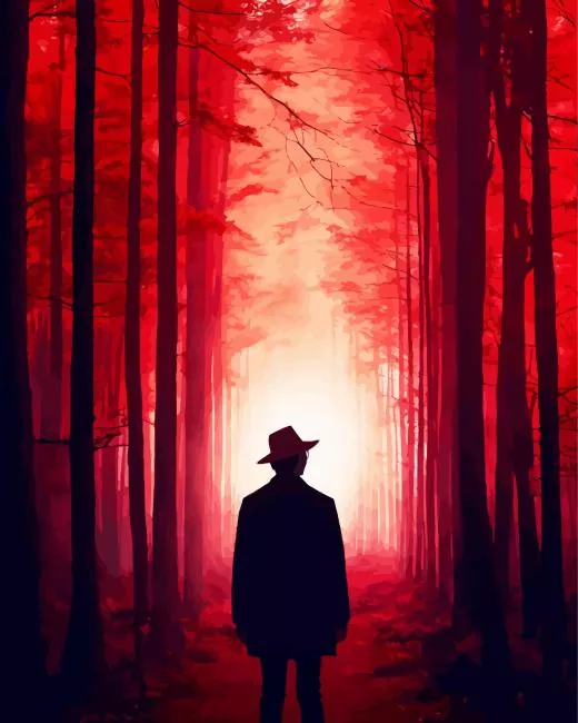 red forest man silhouette art Diamond With Numbers Red Forest Man Silhouette Art Diamond Painting