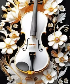 White Flowers Violin Diamond Painting