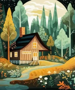 Illustration Cabin In The Forest Diamond Painting