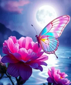 Rainbow Butterfly On Pink Flower Diamond Painting