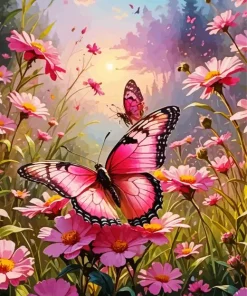 Butterfly On Pink Flower Diamond Painting