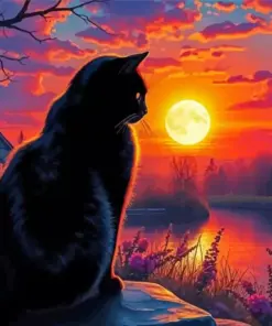 Black Cat Looking At Sunset Diamond Painting