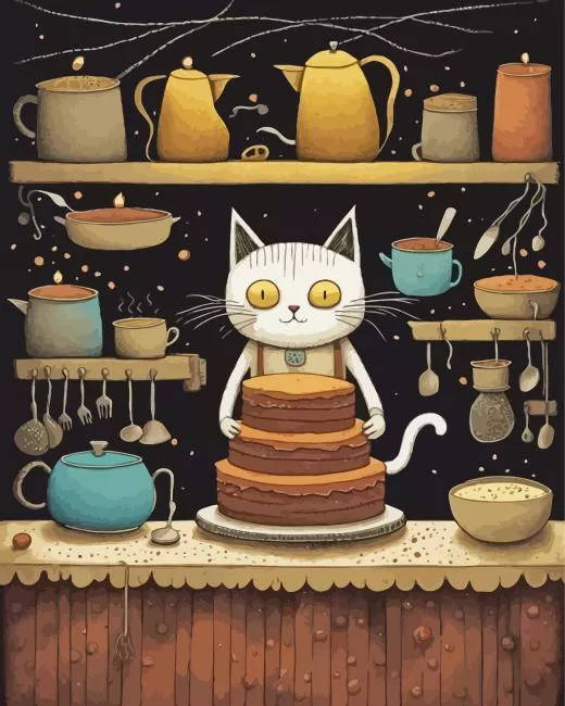 Cartoon Cat Baking Diamond With Numbers Cartoon Cat Baking Diamond Painting