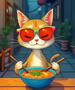 Cartoon Cat Eating Noodles Diamond Painting